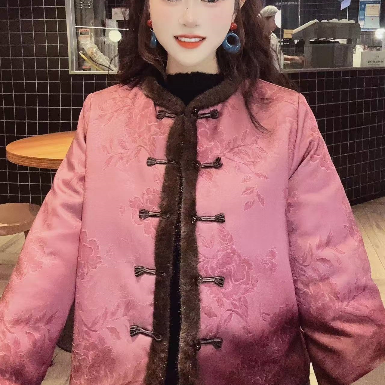 新中式国风提花盘扣双面穿水貂毛棉服外套女保暖气质国风女装07