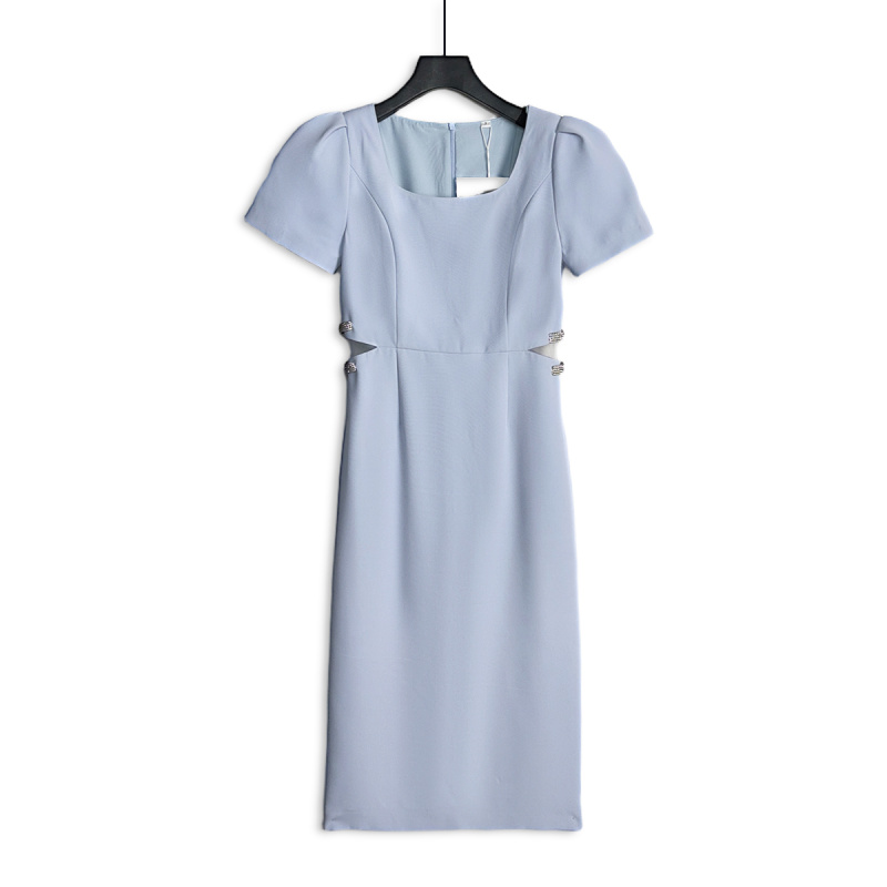 2025新款兰色带袖收腰中长裙E02236