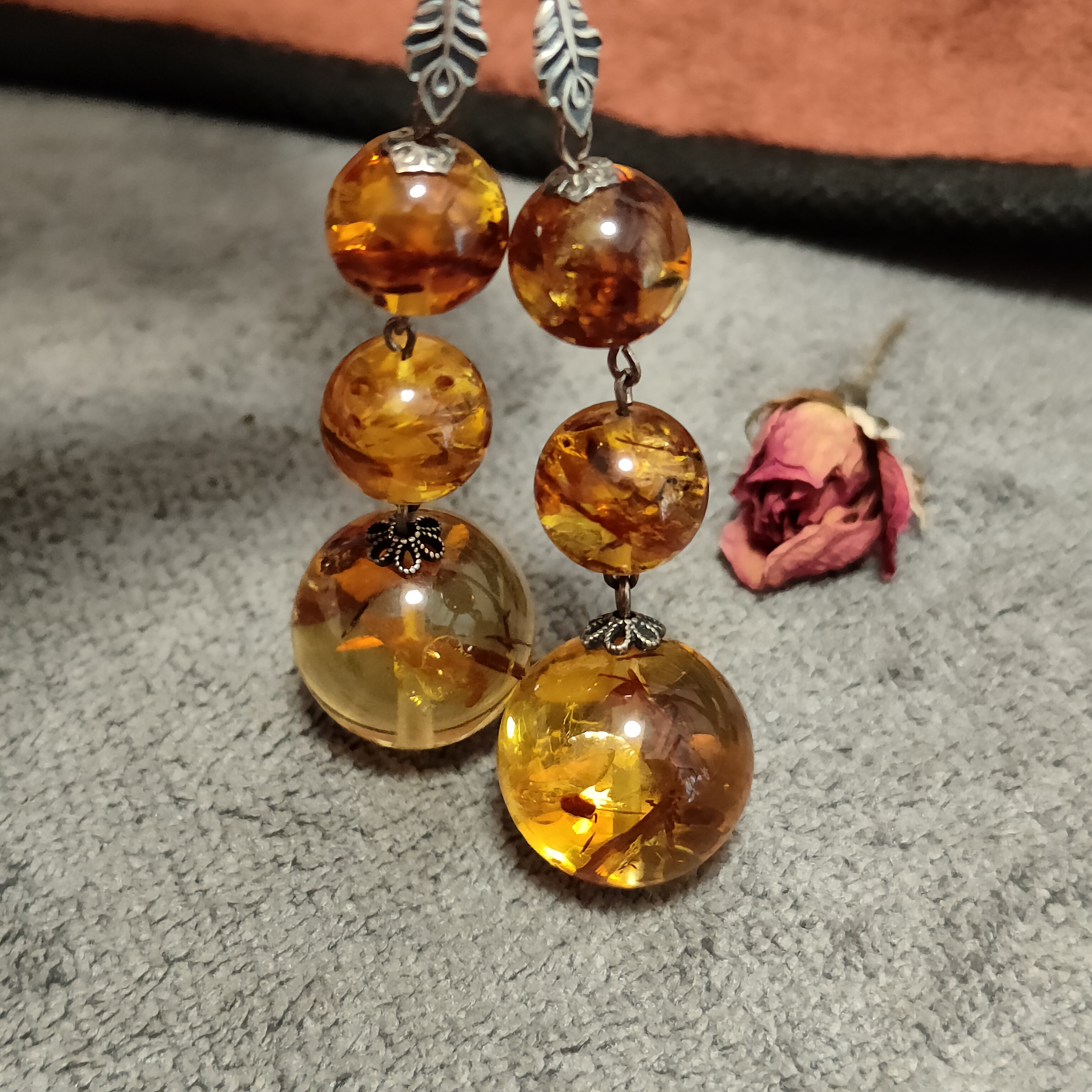 通体S925银镶嵌天然花珀11-17毫米珠子三生三世时尚耳坠