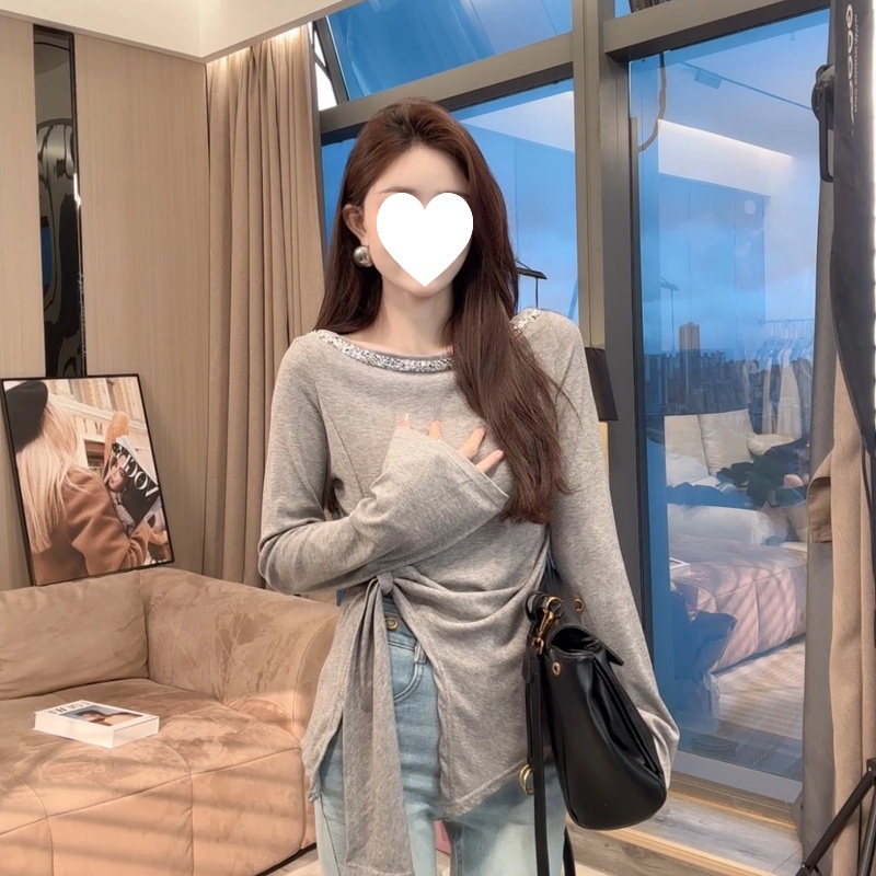 2025春季新款长袖打底衫烫钻修身不规则纯欲风T恤女