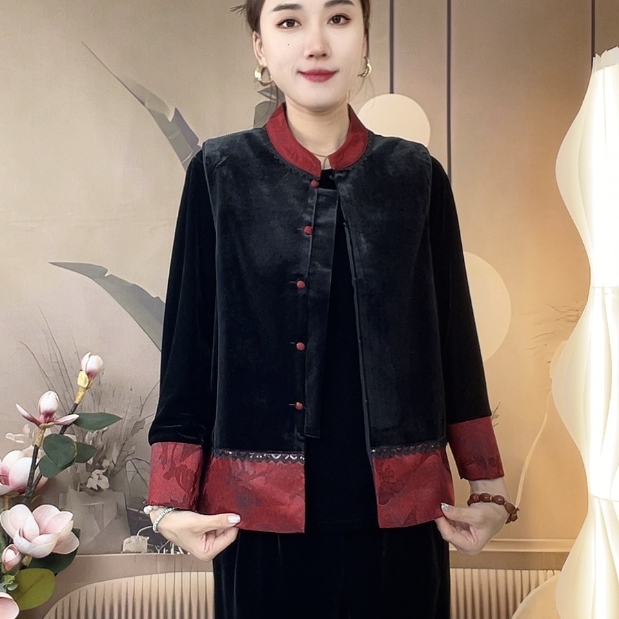 宽松型常规款中老年女装复古时尚秋冬拼接立领上衣外套