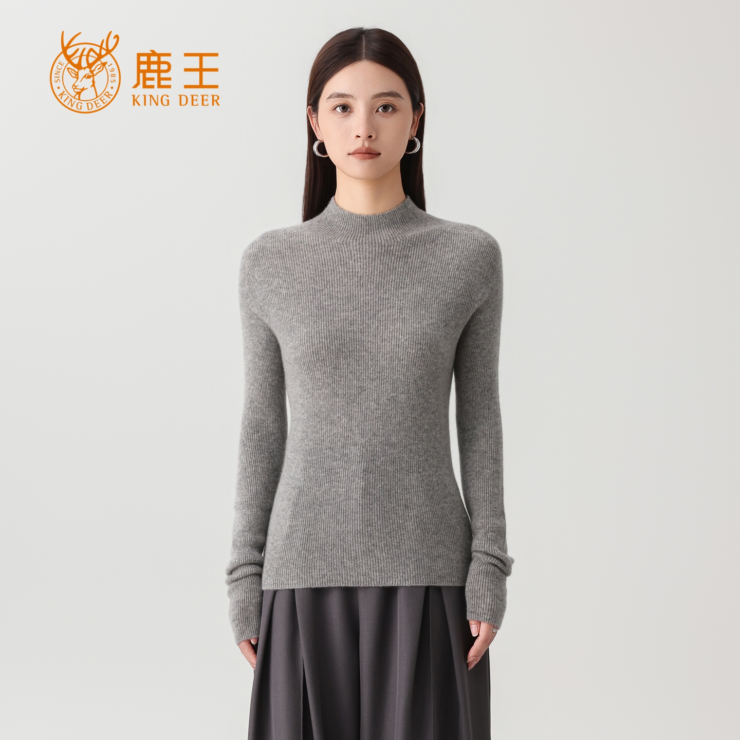 【外销款】鹿王女半高领100山羊绒抽条修身百搭针织套衫 TW511