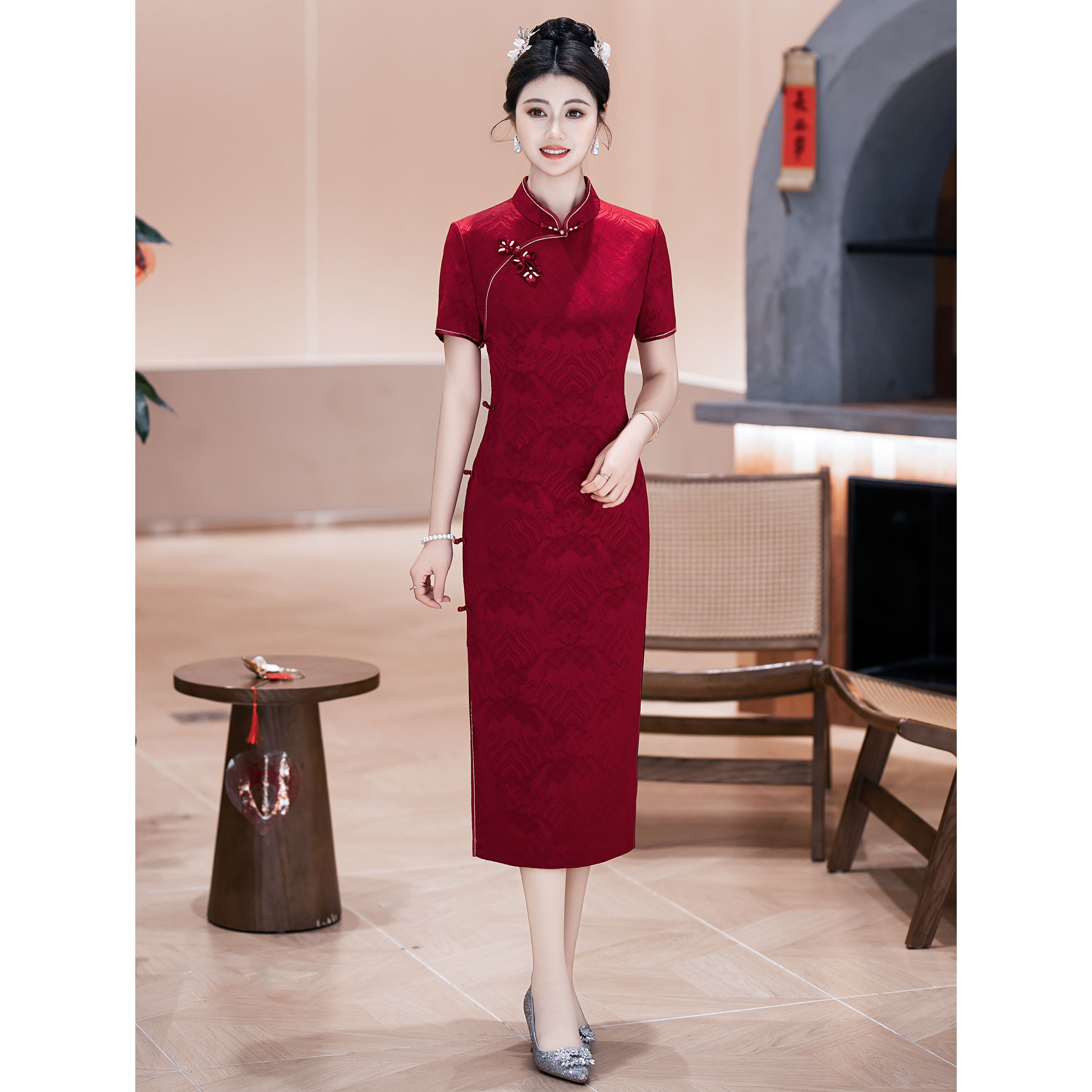 喜婆婆气质中国风礼服大码结婚春秋酒红色简约婚宴长款旗袍