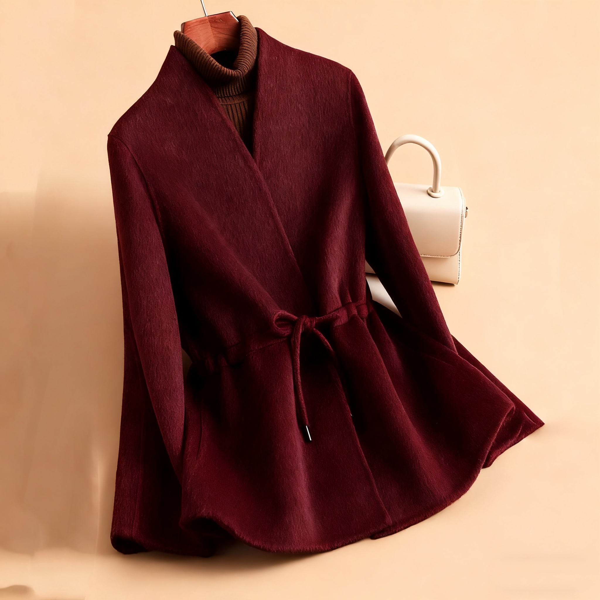 2025秋新款双面呢轻熟简约风双面绒长袖收腰系带显瘦毛呢大衣外套
