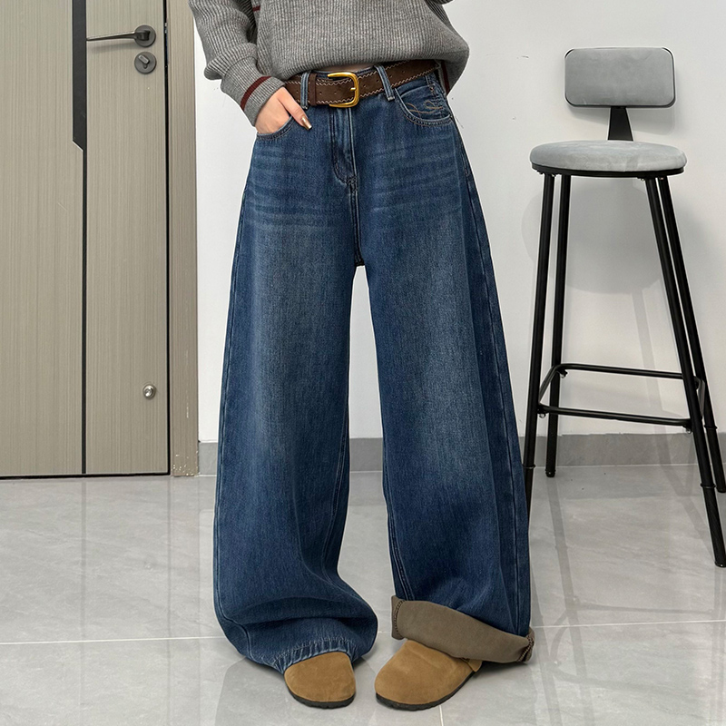 加绒加厚高腰阔腿牛仔裤女冬季2025款百搭显瘦休闲直筒长裤