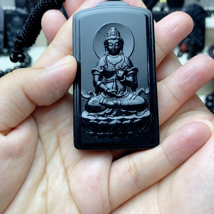 未镶嵌手链和田玉（墨玉）四七观音牌黑羊脂