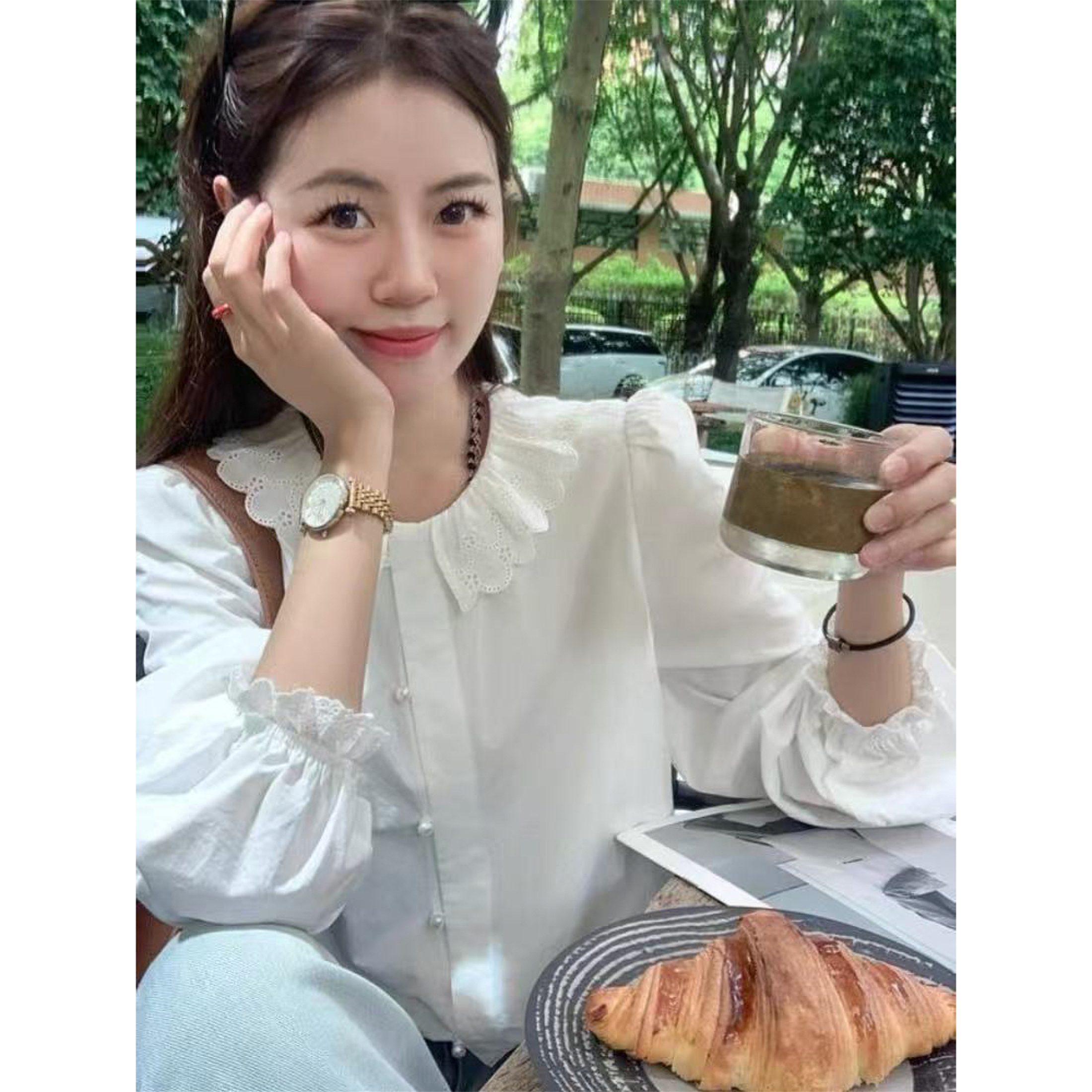 法式白色娃娃领长袖衬衫女春秋设计感小众气质减龄衬衣别致上衣潮