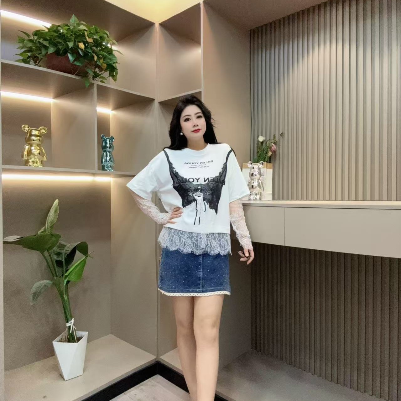 春季大衫-勾 2545洋气潮流蕾丝拼接字母假两件款胖MM大码女装新款