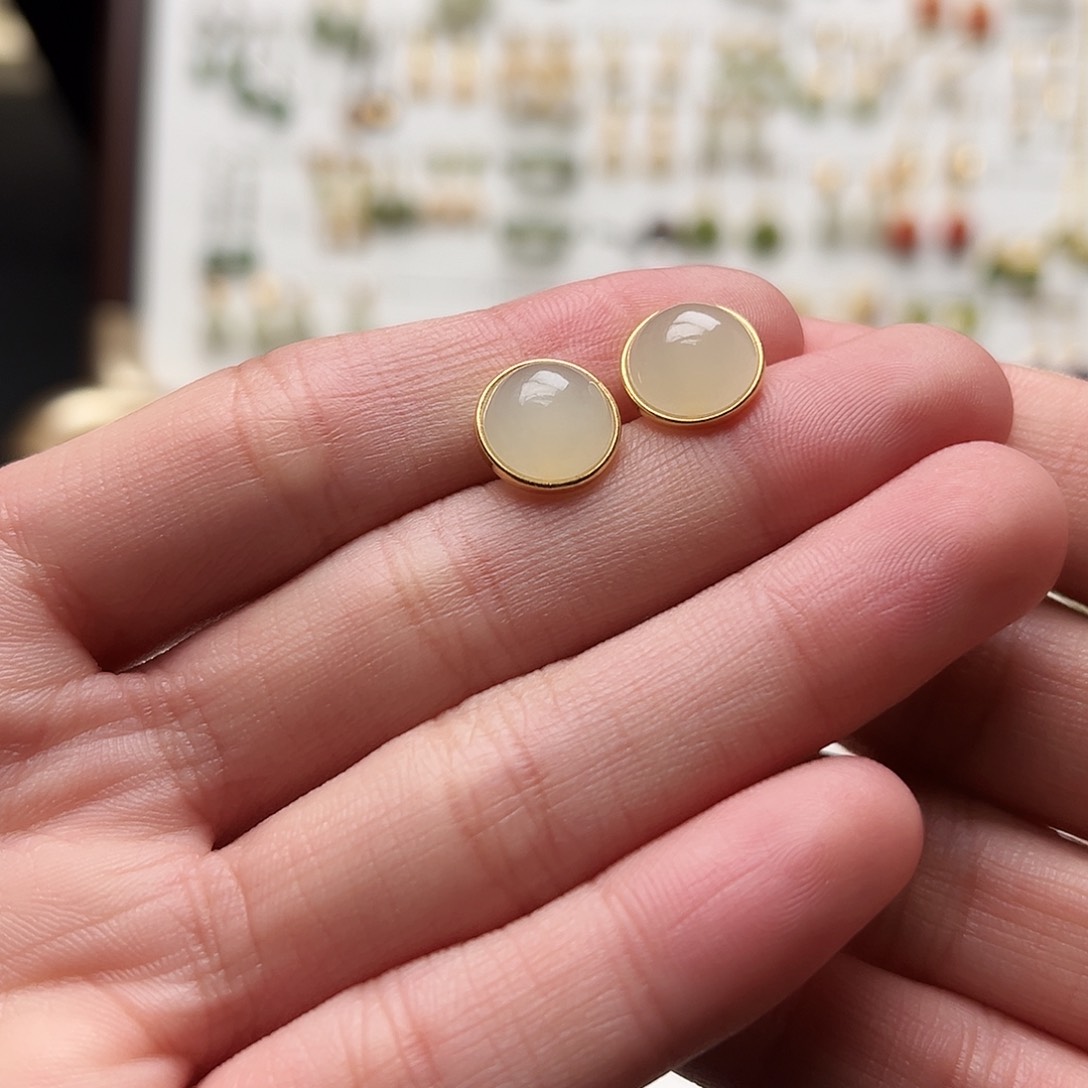 银S925镀金镶嵌和田玉耳钉