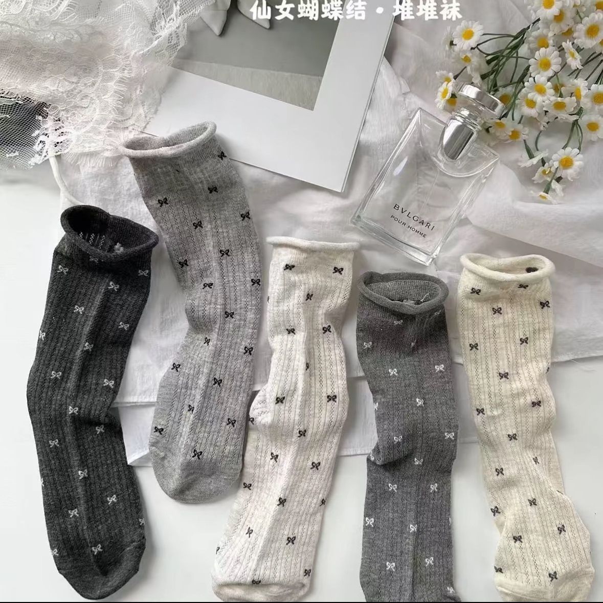 夏季薄款女款高筒堆堆袜卷边镂空花纹仙女蝴蝶结混色