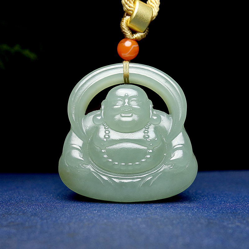 【笑口常开】新疆且末蓝飘糖正品和田玉立体镂空雕刻佛公挂件28.38g