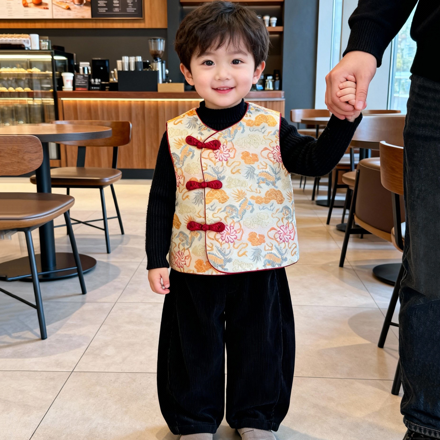 拜年服男童冬季坎肩背心新中式儿童国风龙纹提花圆领马甲宝宝年服