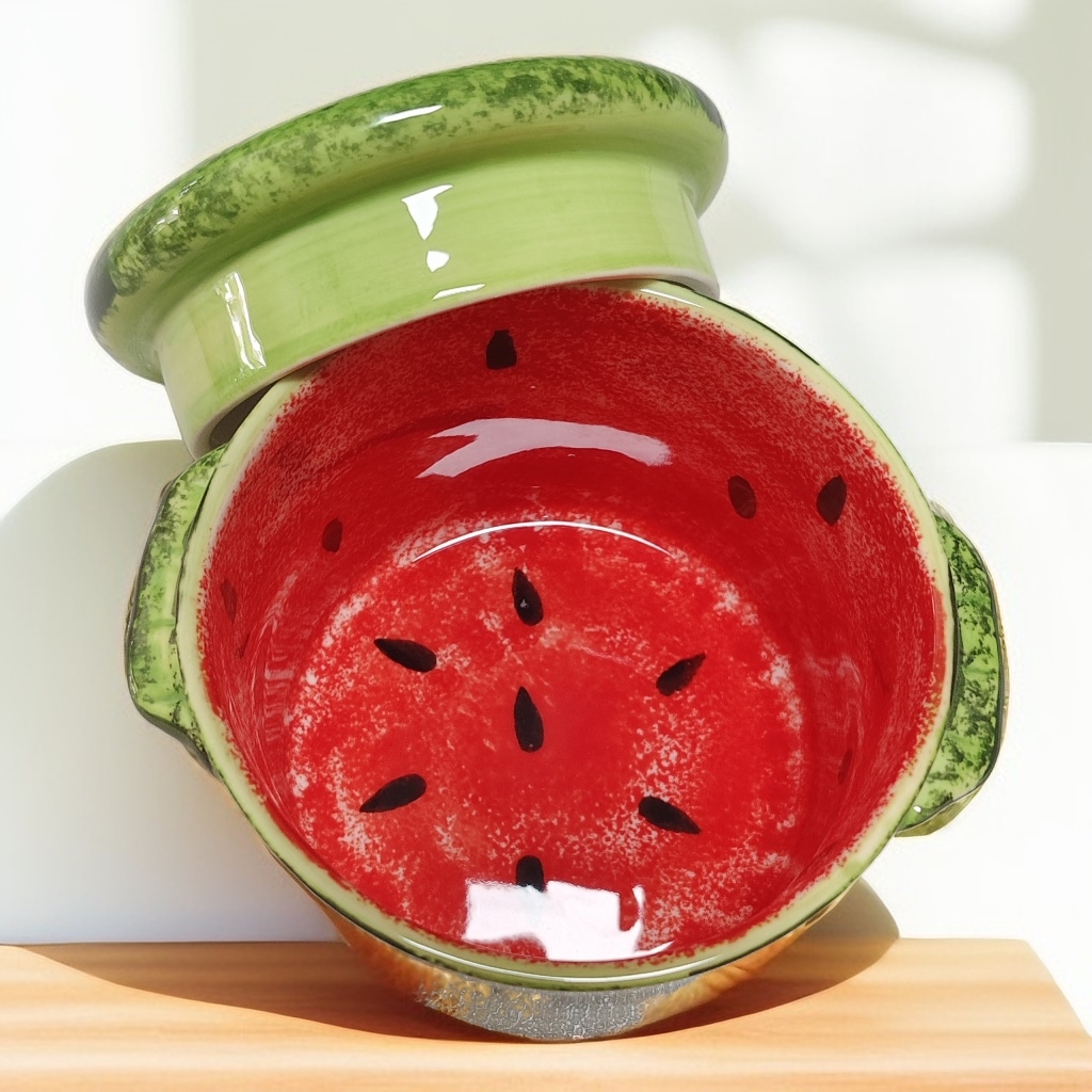 清新手绘风易清洗西瓜陶瓷带盖水果创意炖罐家用日式釉下彩好看