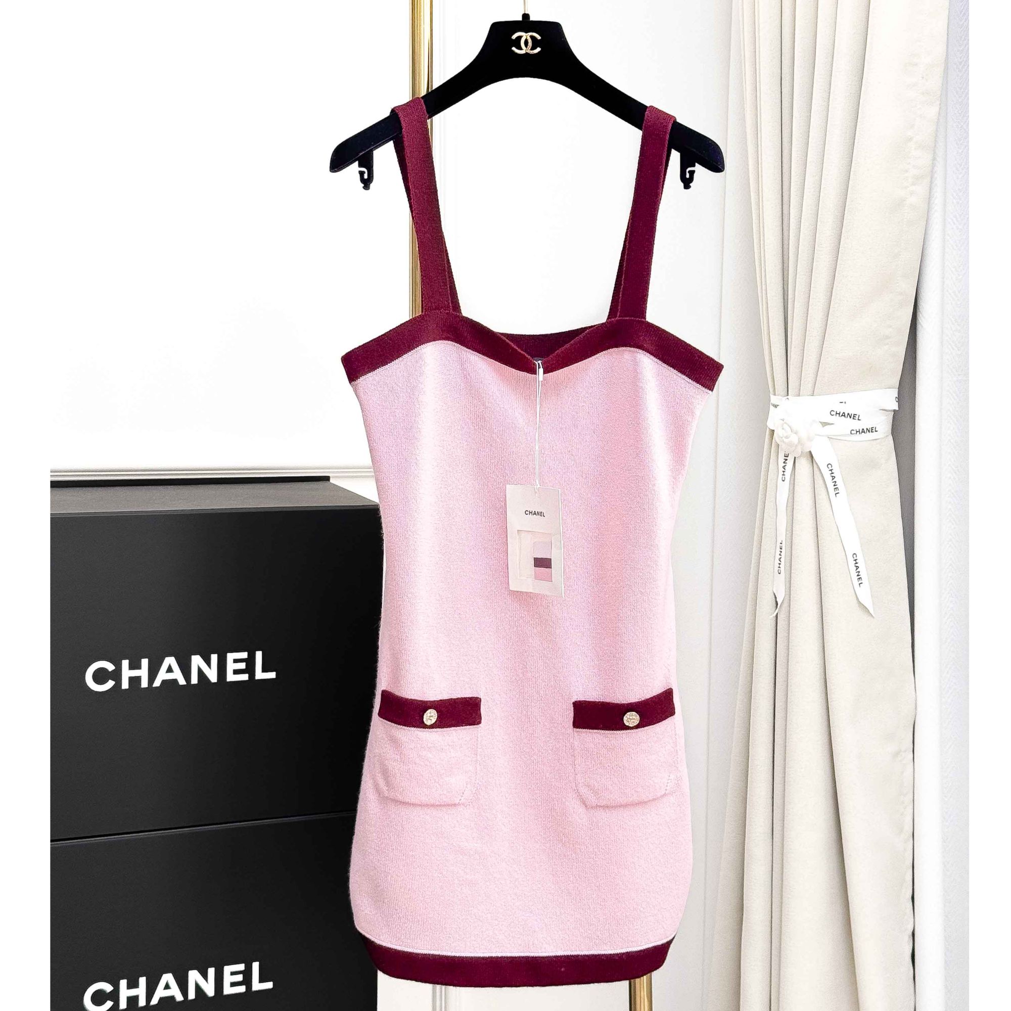 99新 Chanel/香奈儿 36码25A手工坊粉色拼紫色滚边针织吊带连衣裙