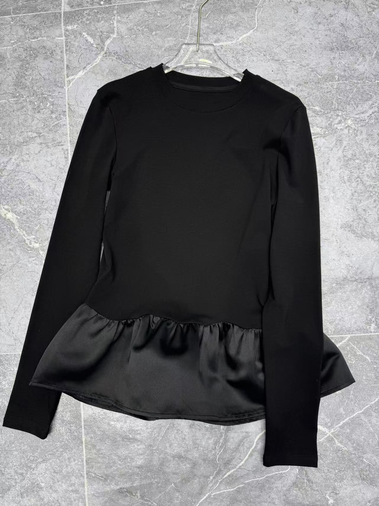 X-荷叶边公主风圆领拼接女长袖T恤气质设计师百搭#90022『乐桃家』