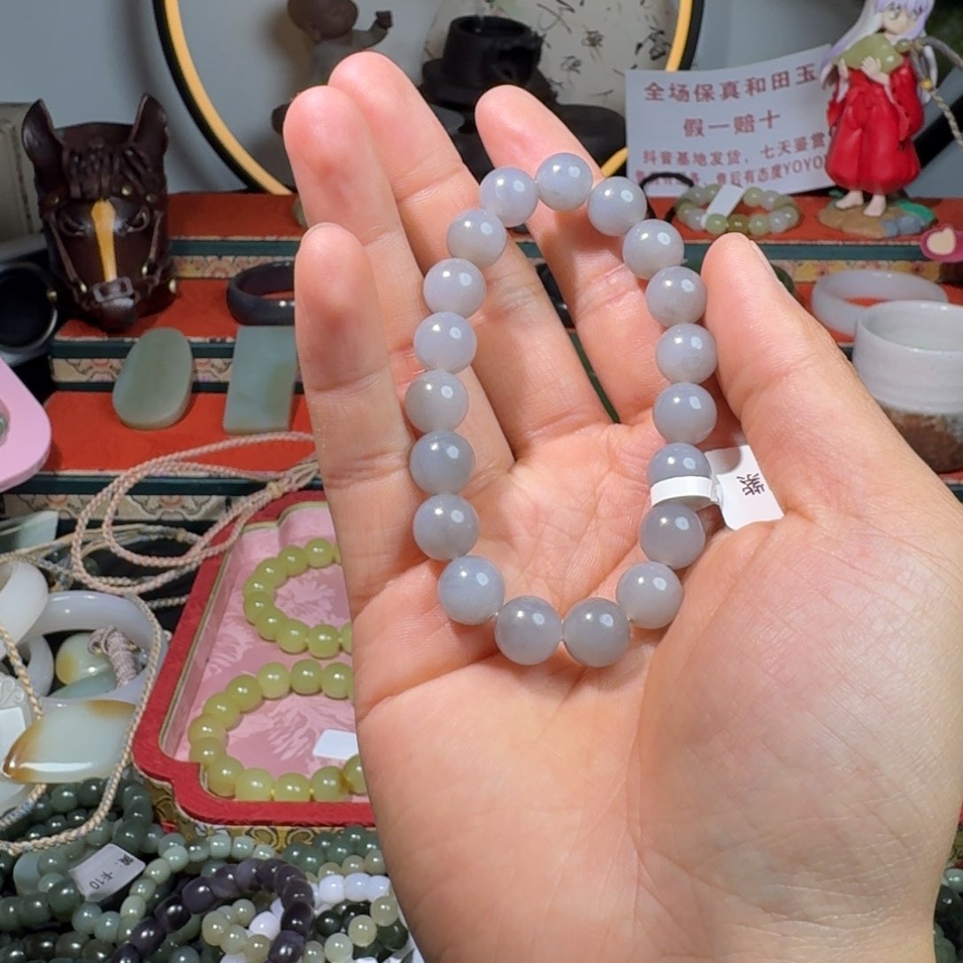 和田玉手串未镶嵌和田玉卡10烟紫