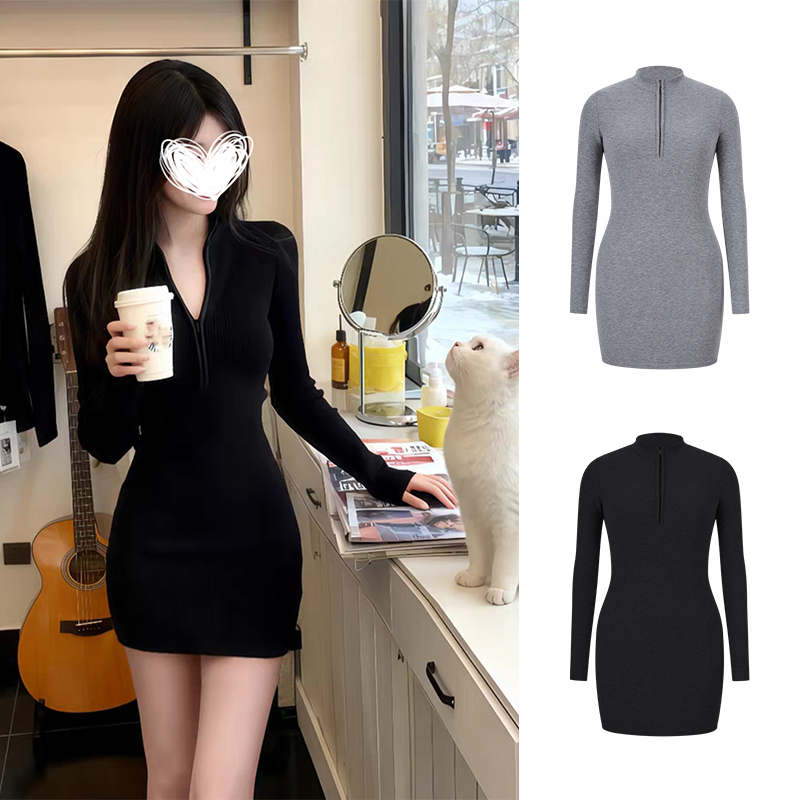 MosesQueen/魔西女王纯欲辣妹V领拉链长袖针织修身显瘦包臀裙