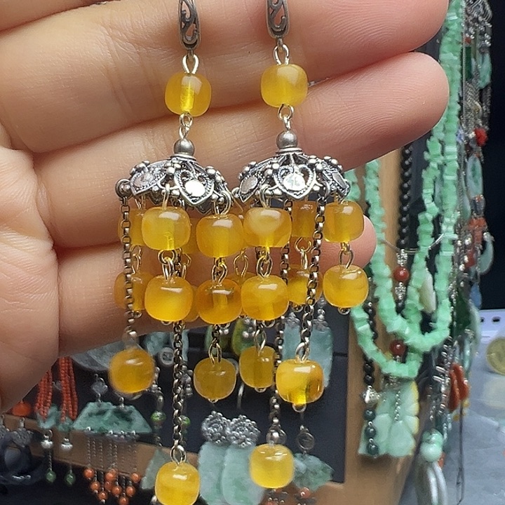 万***呢琥珀银S925镶嵌耳饰