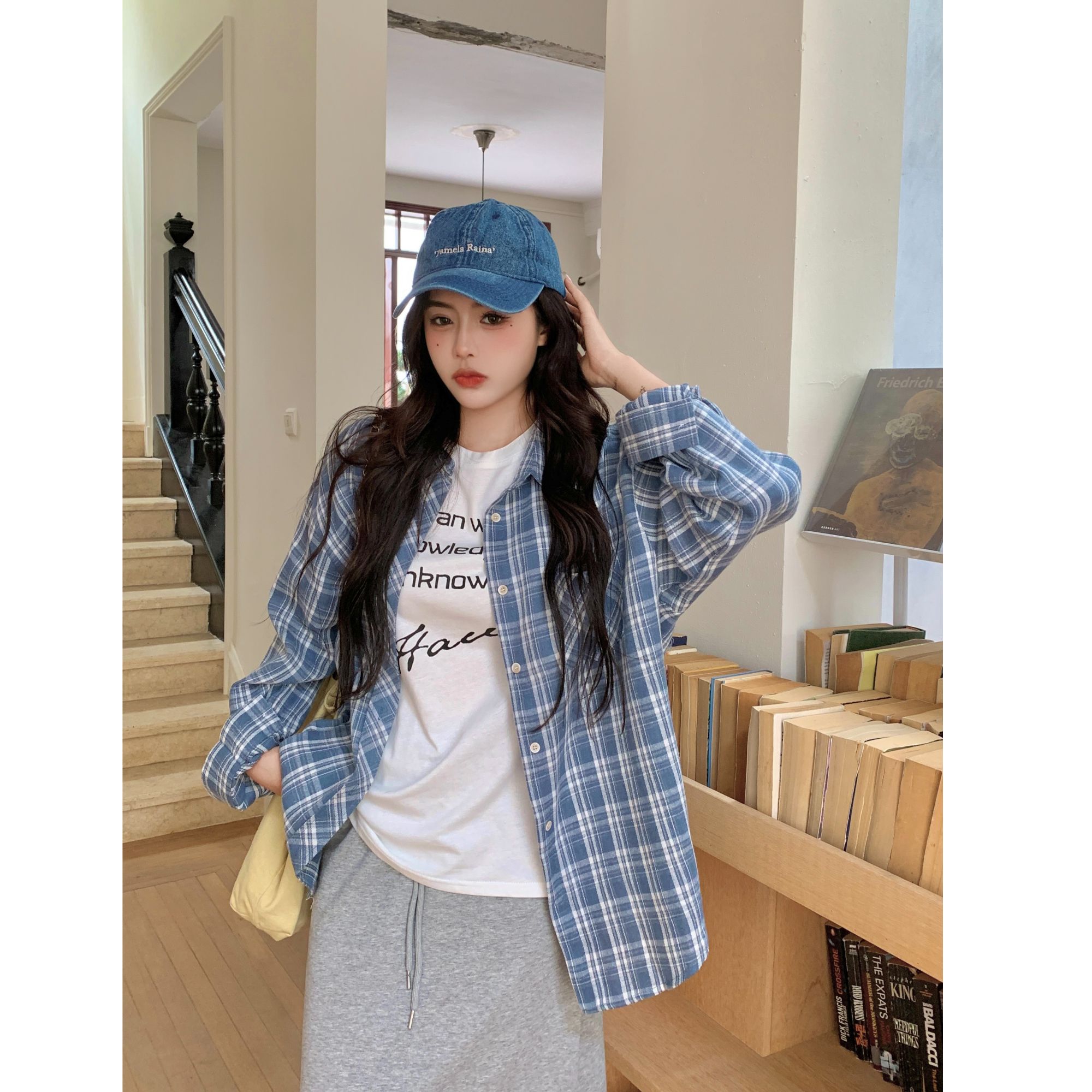 美式复古蓝色格子衬衫女款2025新款爆款早秋衬衣叠穿休闲外套上衣