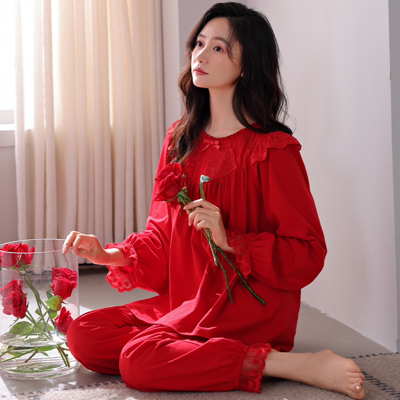 MiiOW/猫人红色睡衣女纯棉长袖全棉喜庆新婚结婚本命年女款家居服