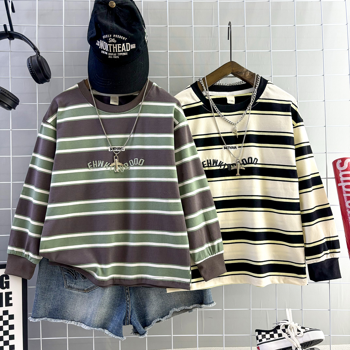 男童长袖T恤条纹秋季打底宽松时尚百搭韩版上衣儿童卫衣帅气潮酷