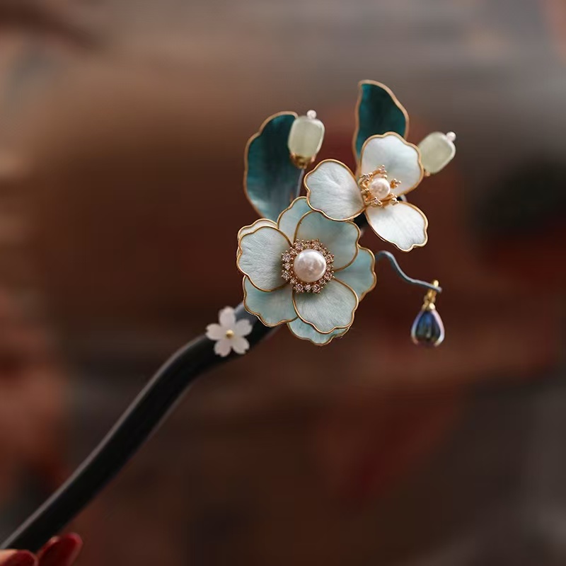 新中式绒花缠花檀木发簪古风头饰发钗簪子花朵盘发簪国风绒花发簪