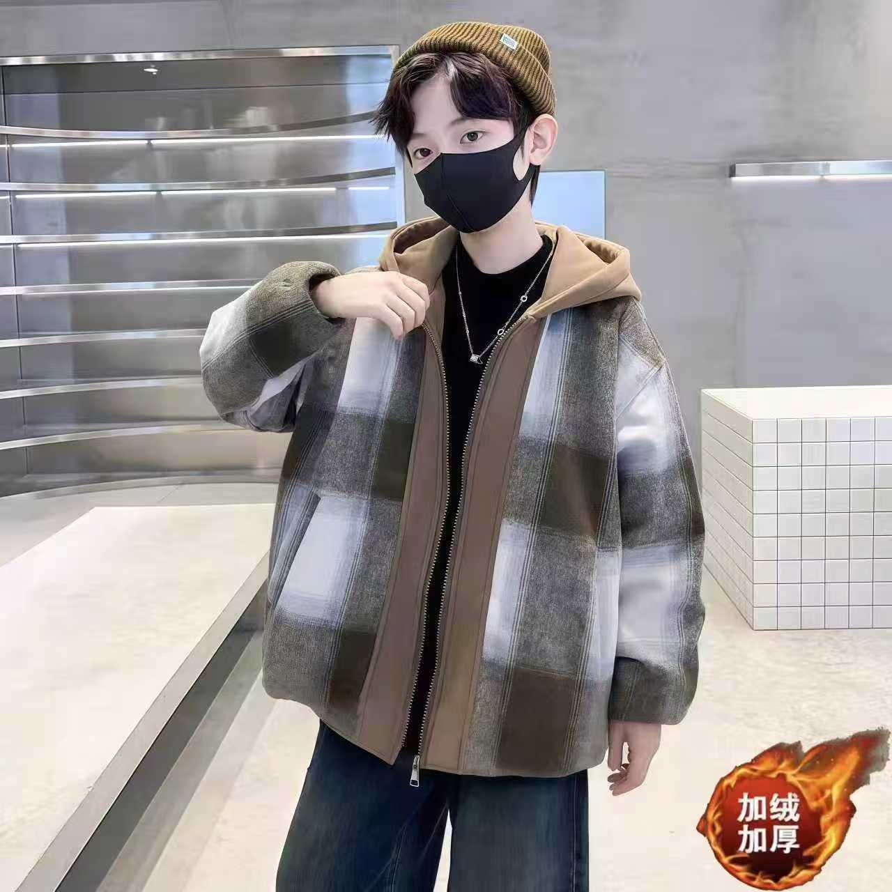 【加绒款】2025新外套秋冬季潮流格子外套潮流时尚宽松儿童连帽外套