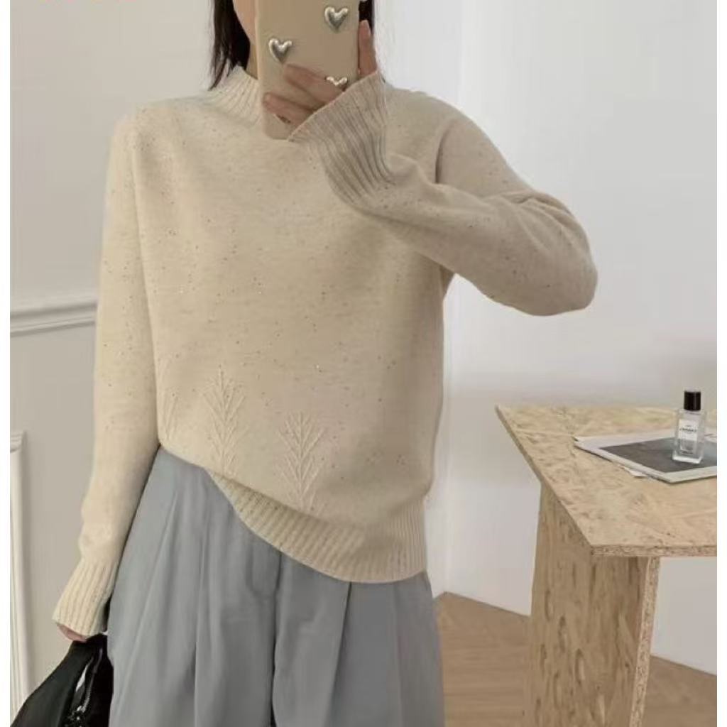 涵玖玥【100羊毛】亮片高级感半高领下摆花艺上衣07-8001