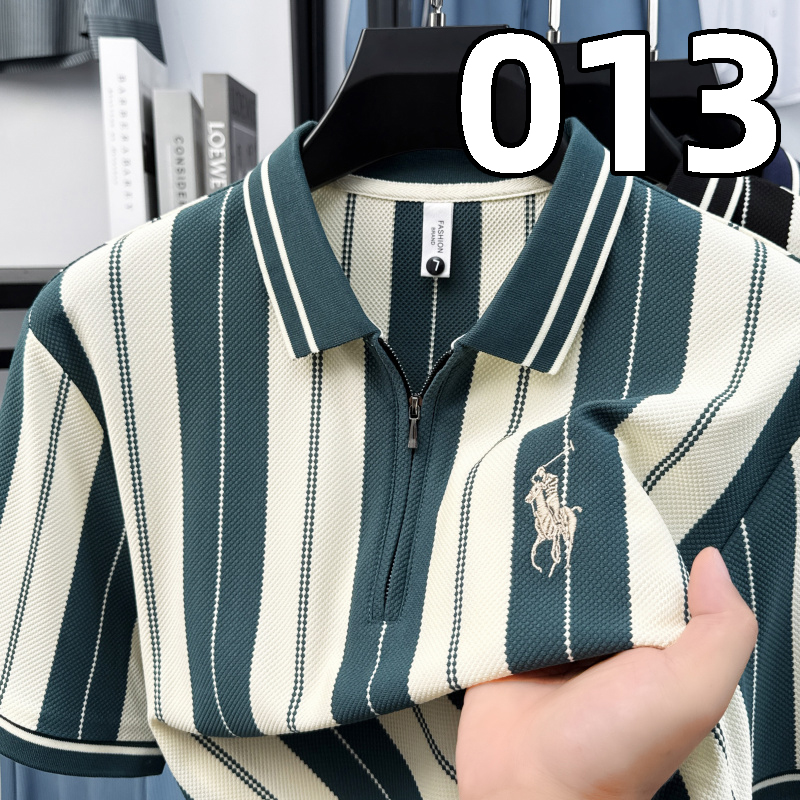 【013】新款夏季POLO衫上衣潮流爸爸装时尚条纹男士T恤翻领拉链短袖