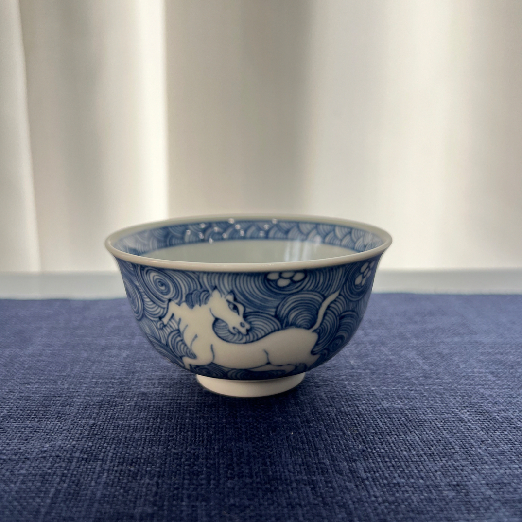 景德镇手绘青花漩涡浪里马主人杯茶杯茶具