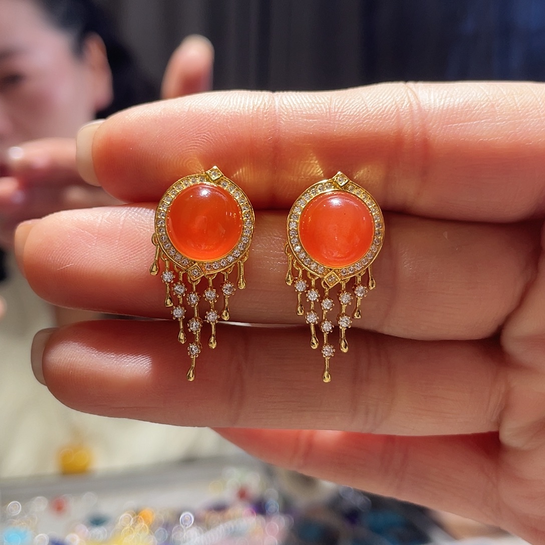 南红玛瑙银S925镀金镶嵌耳饰大气款