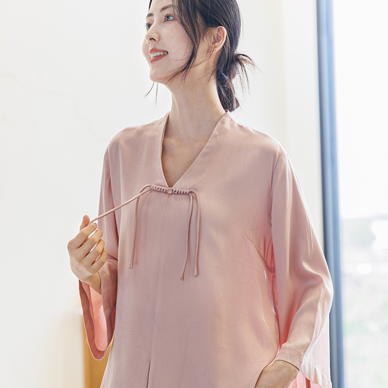 2025中式V领国风提花套装气质长袖时尚夏季复古春夏宽松