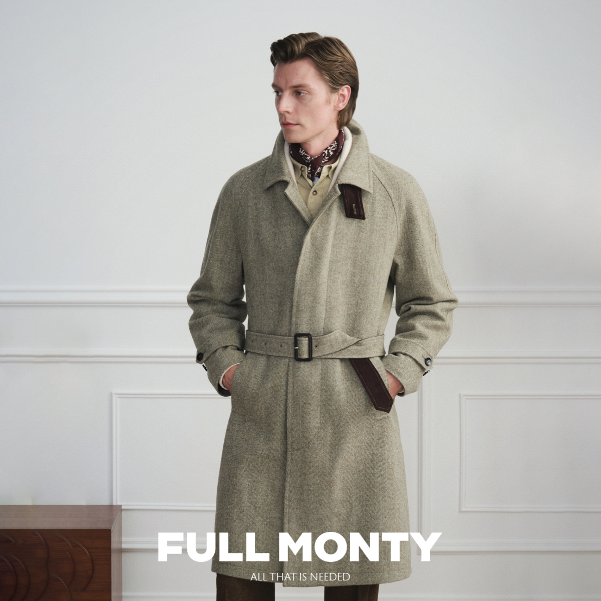 【新款】巴尔马肯男苔藓绿色人字纹羊毛商务休闲翻领大衣2025秋冬