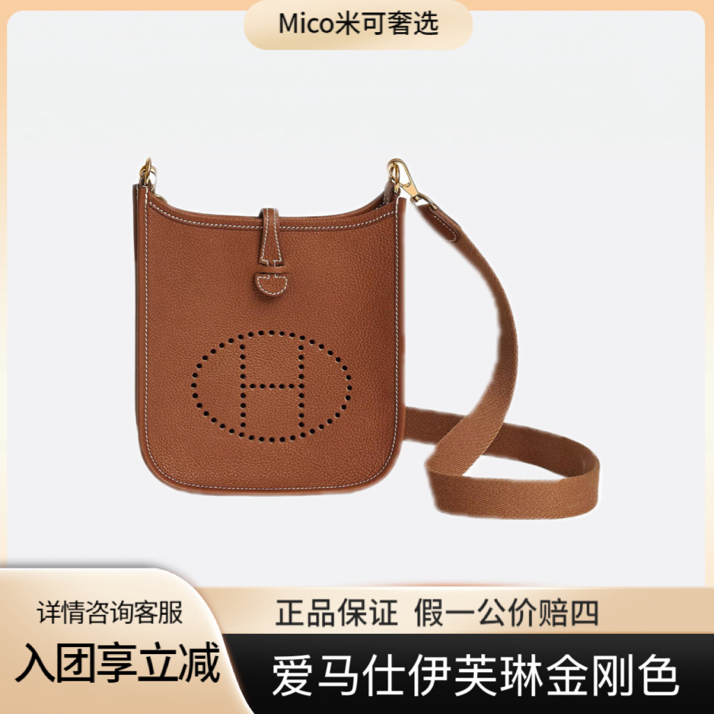 99新 Hermes/爱马仕 miniEvelyne伊芙琳金福宝马鞍皮W斜挎 金刚色