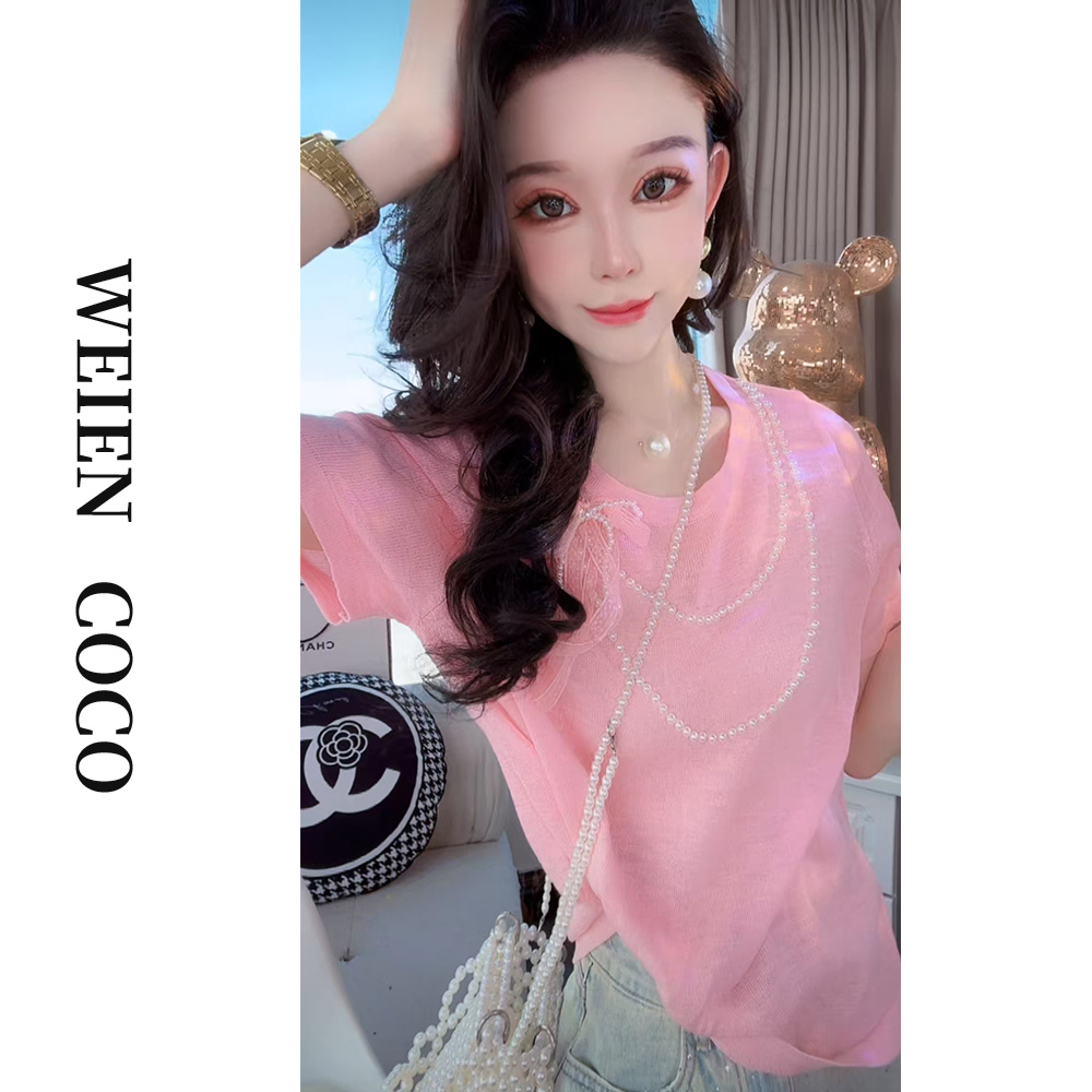 【薇恩COCO】短袖蝴蝶珠珠百搭修身T恤显瘦气质时尚打底衫 S4532