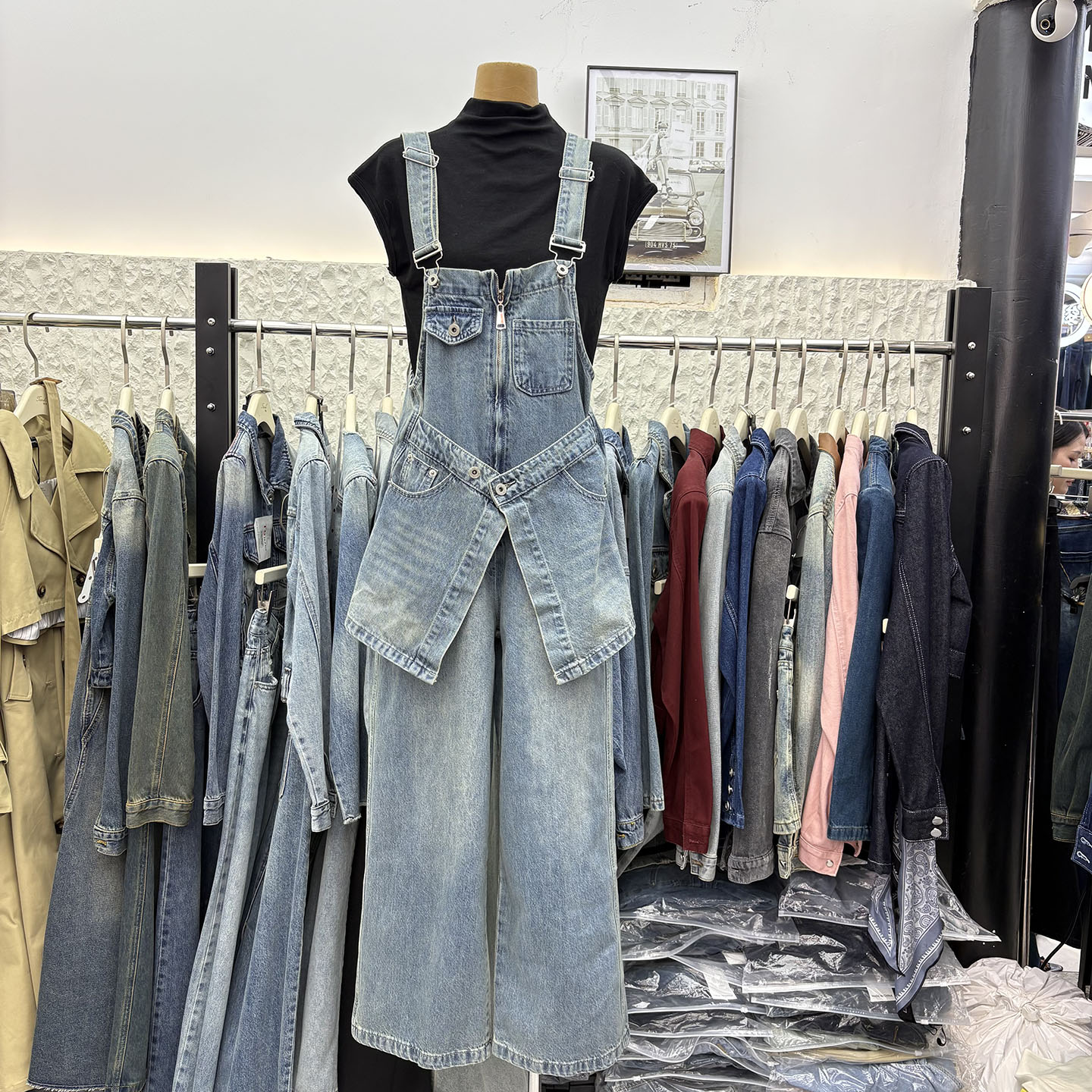 K9039欧洲站秋季新款设计感不规则小众工装牛仔背带裤阔腿长裤女