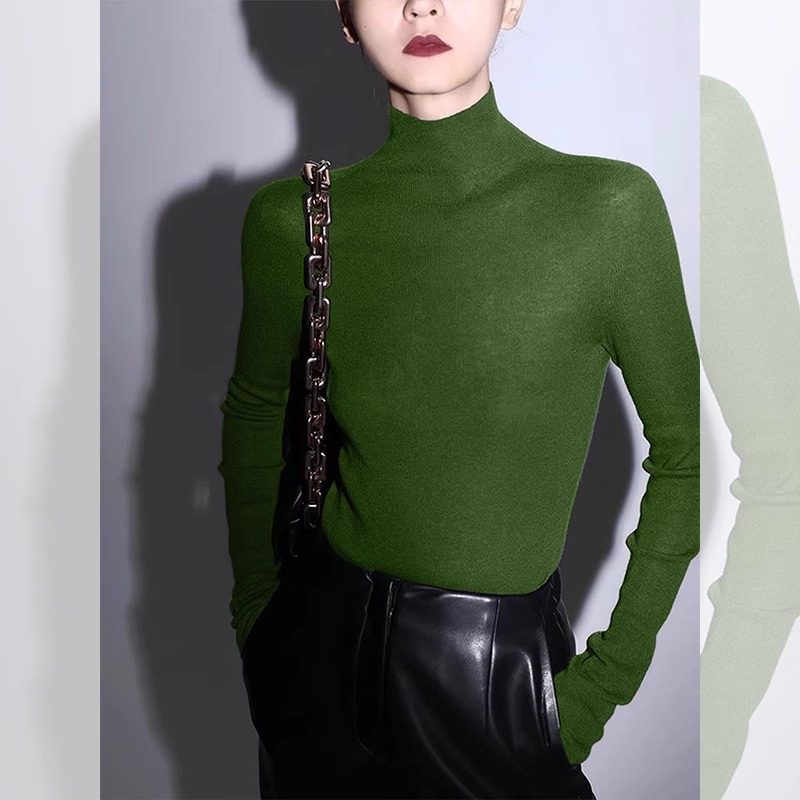 法式复古绿色半高领针织打底衫女秋冬高级感修身毛衣内搭叠穿上衣