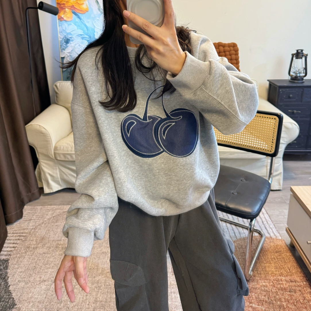 重工大樱桃！韩国东大门代购灰色时髦宽松款阔版休闲长袖卫衣推荐