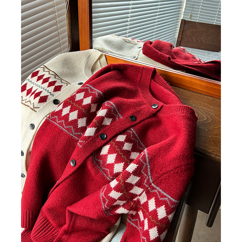 复古费尔岛毛衣开衫女秋冬圆领宽松小菱形提花针织外套厚款