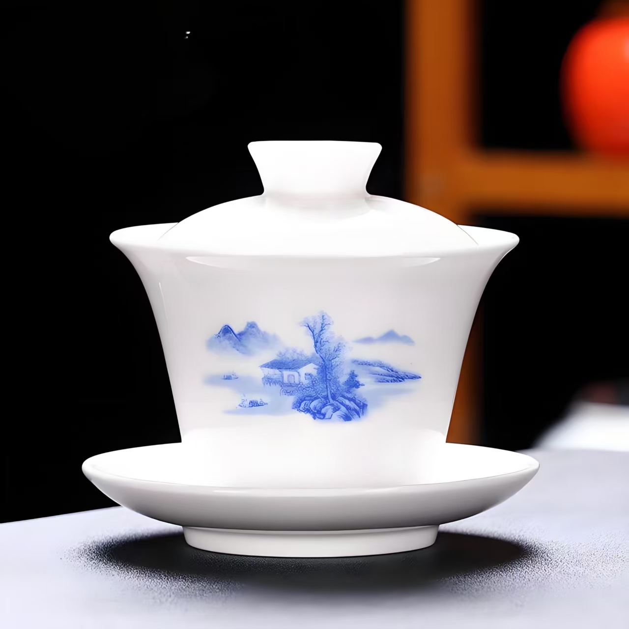 青花山水三才盖碗高端精美摆件