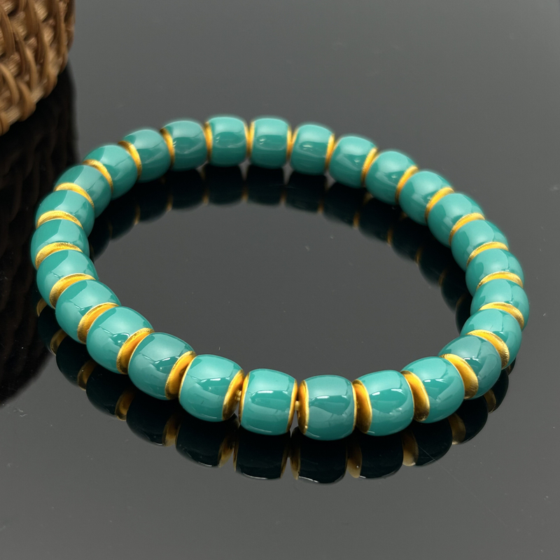 刘爷专属 深圳水贝足金卡8珐琅彩 绿松色直切手串