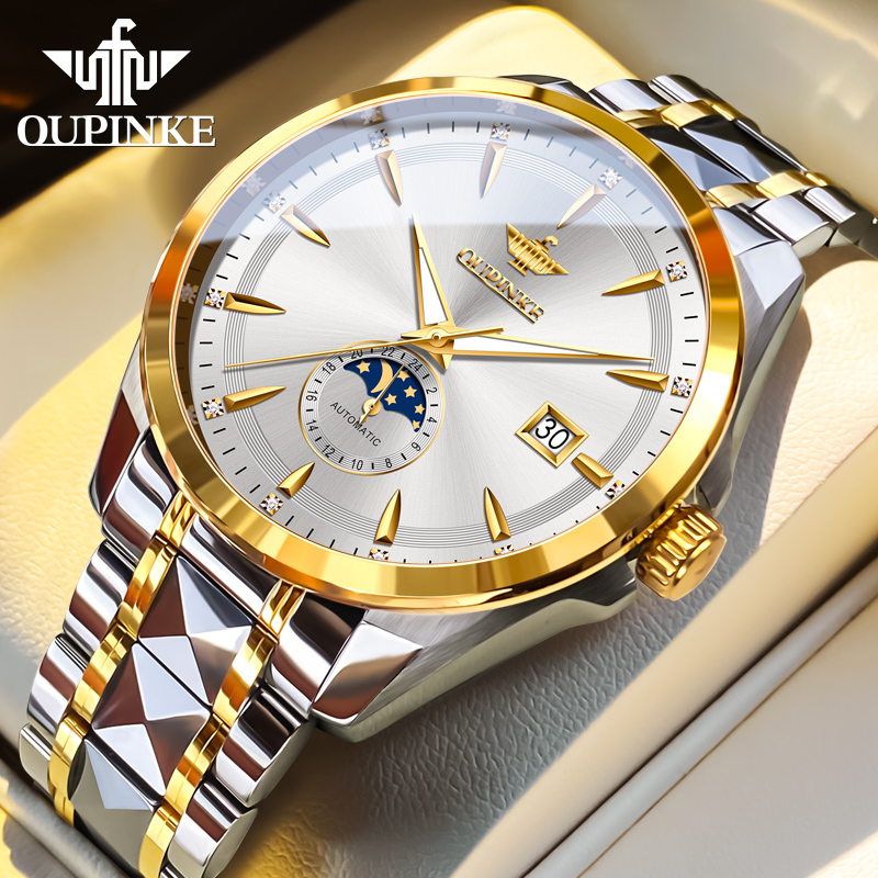 瑞士欧品客高档夜光防水月相钢带2025款男士全自动机械手表3292