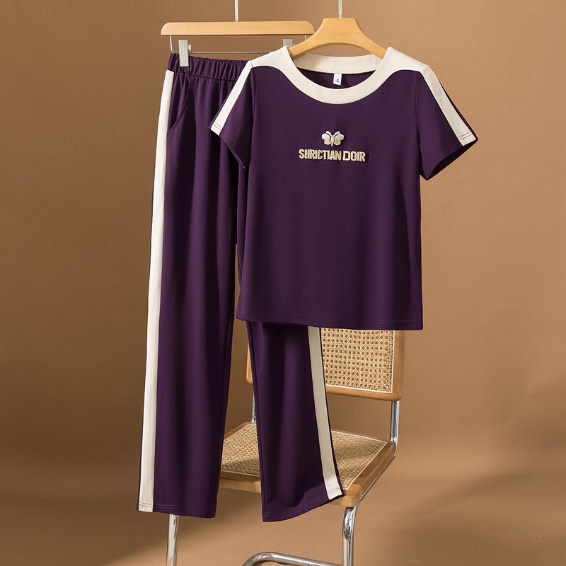 5288夏季大码圆领时尚优雅妈妈装休闲广场舞两件套短袖运动套装女