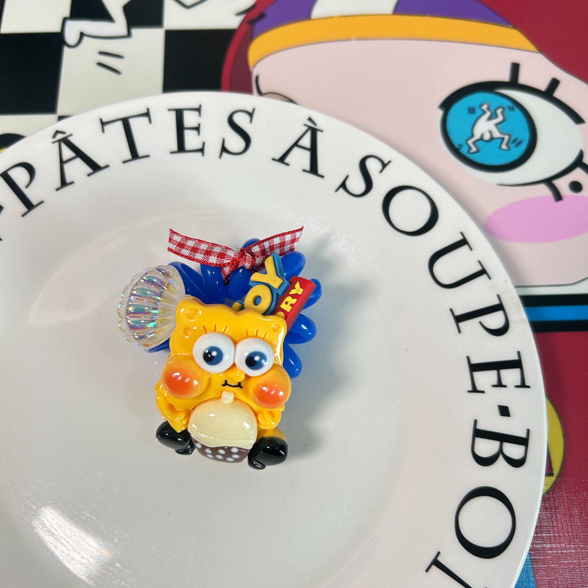 韩国博主同款原创手工灰色毛呢海绵宝宝彩色多巴胺发绳发圈电话线