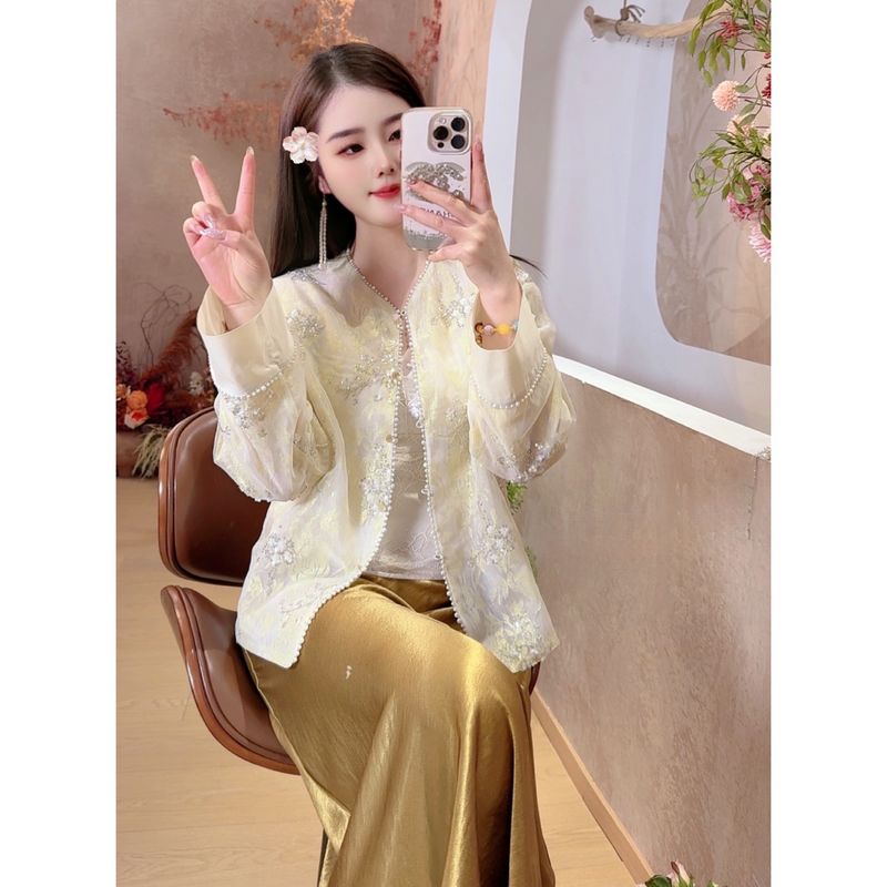 【璀璨星河】春夏2025新款新中式上衣女装圆领亮片绣花气质薄款外套
