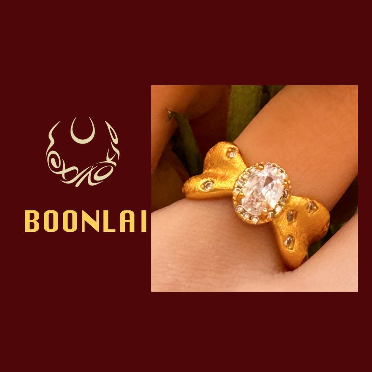 铜合金锆石戒指 轻奢Boonlai金色镶钻拉丝蝴蝶结戒指4142