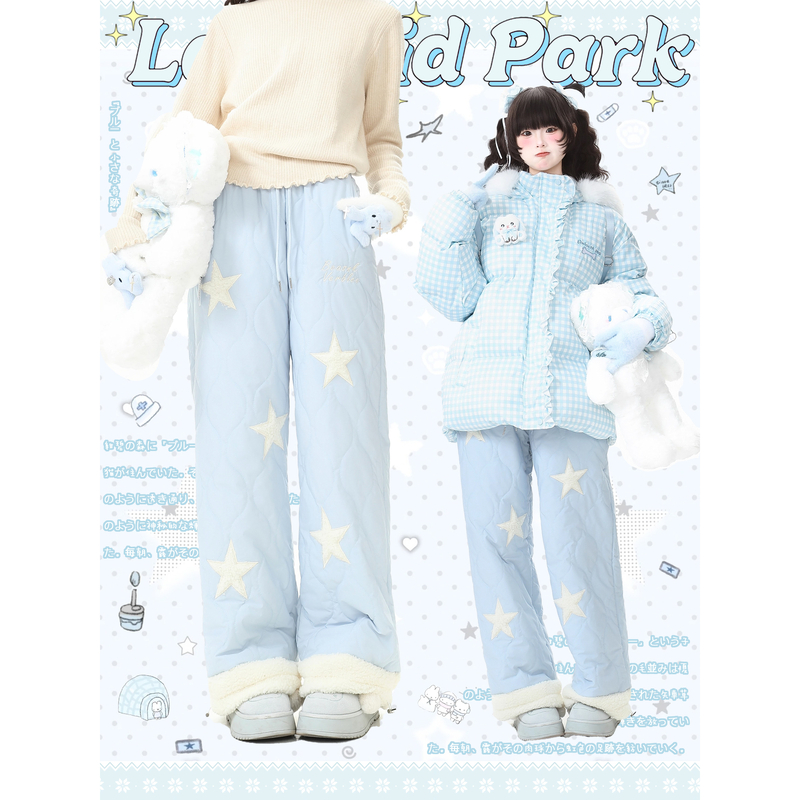 蓝鬼公园Languid Park蓝色星星刺绣松紧腰棉裤女冬季加厚保暖裤子