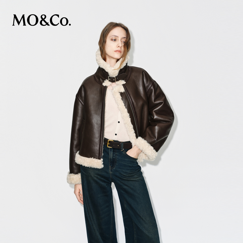 MOCO外套2025冬新品机车风素皮毛领皮袢扣立领夹克短款MBE4COTT27
