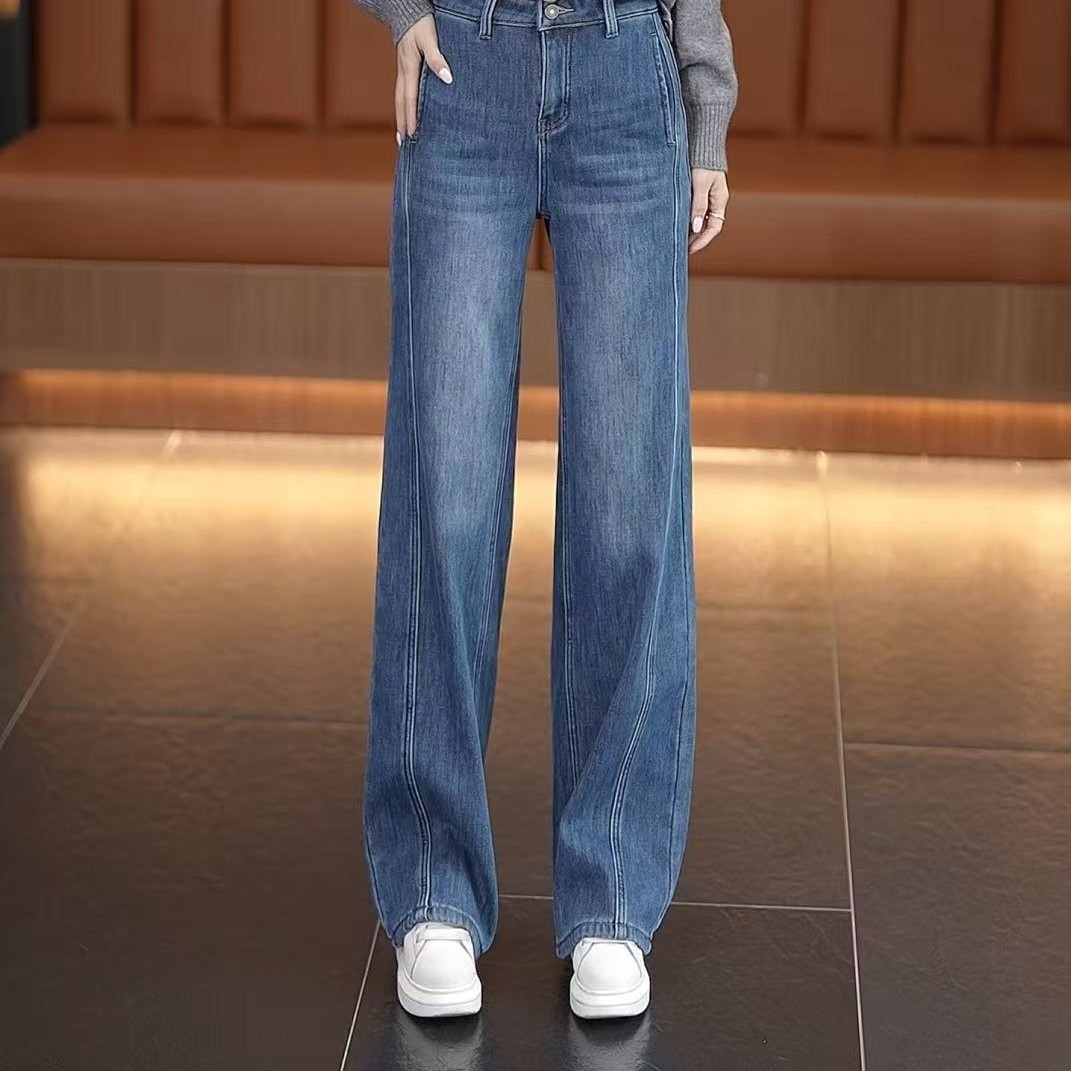 秋冬季加绒加厚复古蓝直筒牛仔裤裤子阔腿裤高腰显瘦休闲百搭