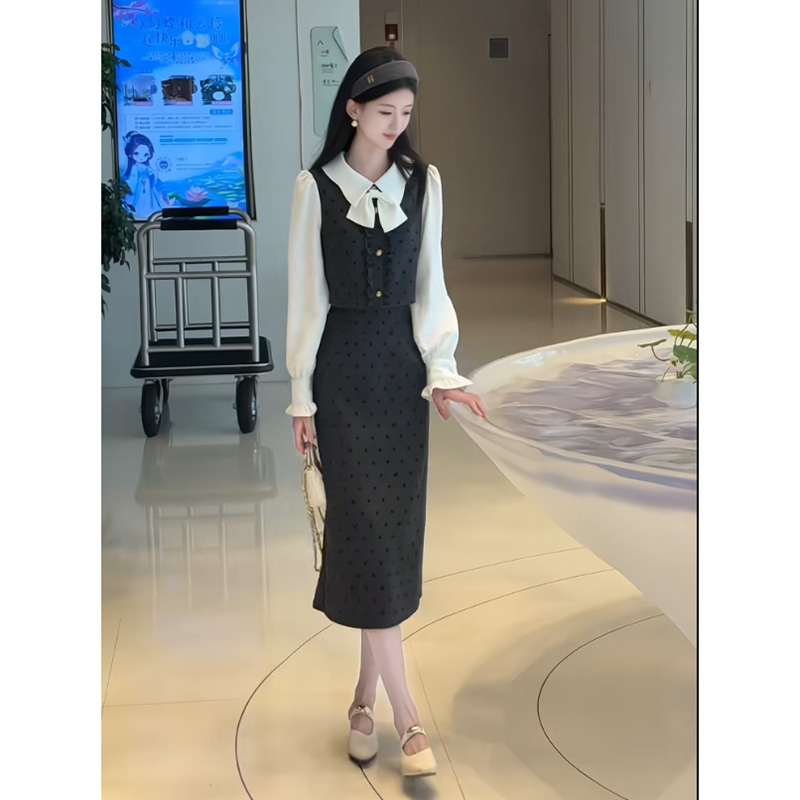 【有里布】连衣裙女2025春秋款拼接高级感小个子假两件长裙QY0065